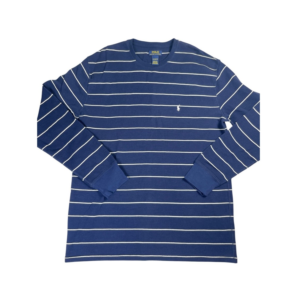 Polo Ralph Lauren Pullover Shirt Men 2XL Navy Blue Striped Crew Neck Waffle Knit